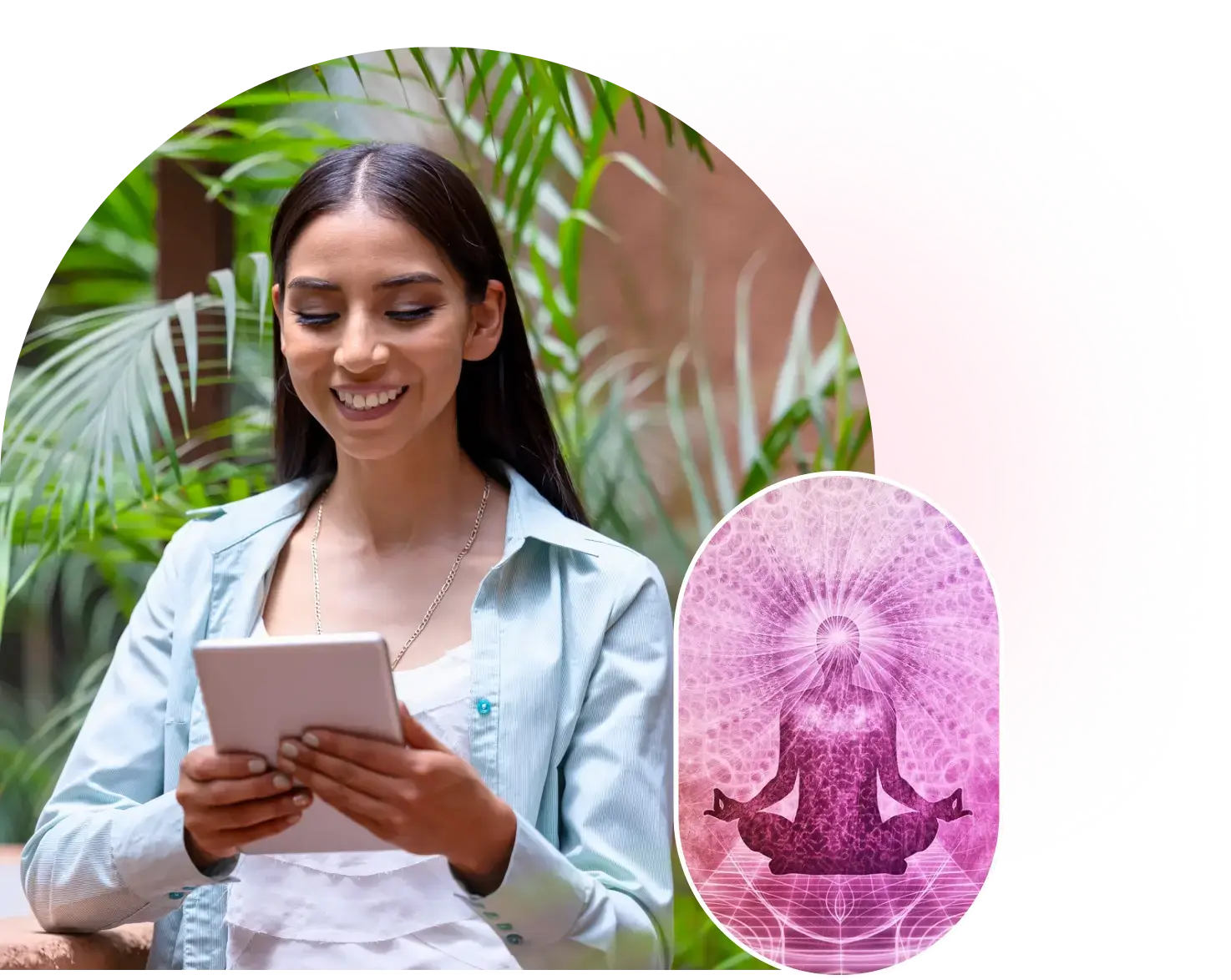 Smiling woman using tablet near meditation graphic.