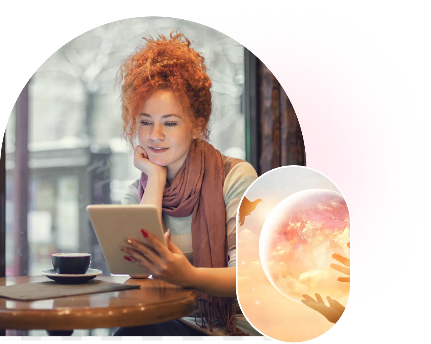 Woman reading tablet in cozy cafe.