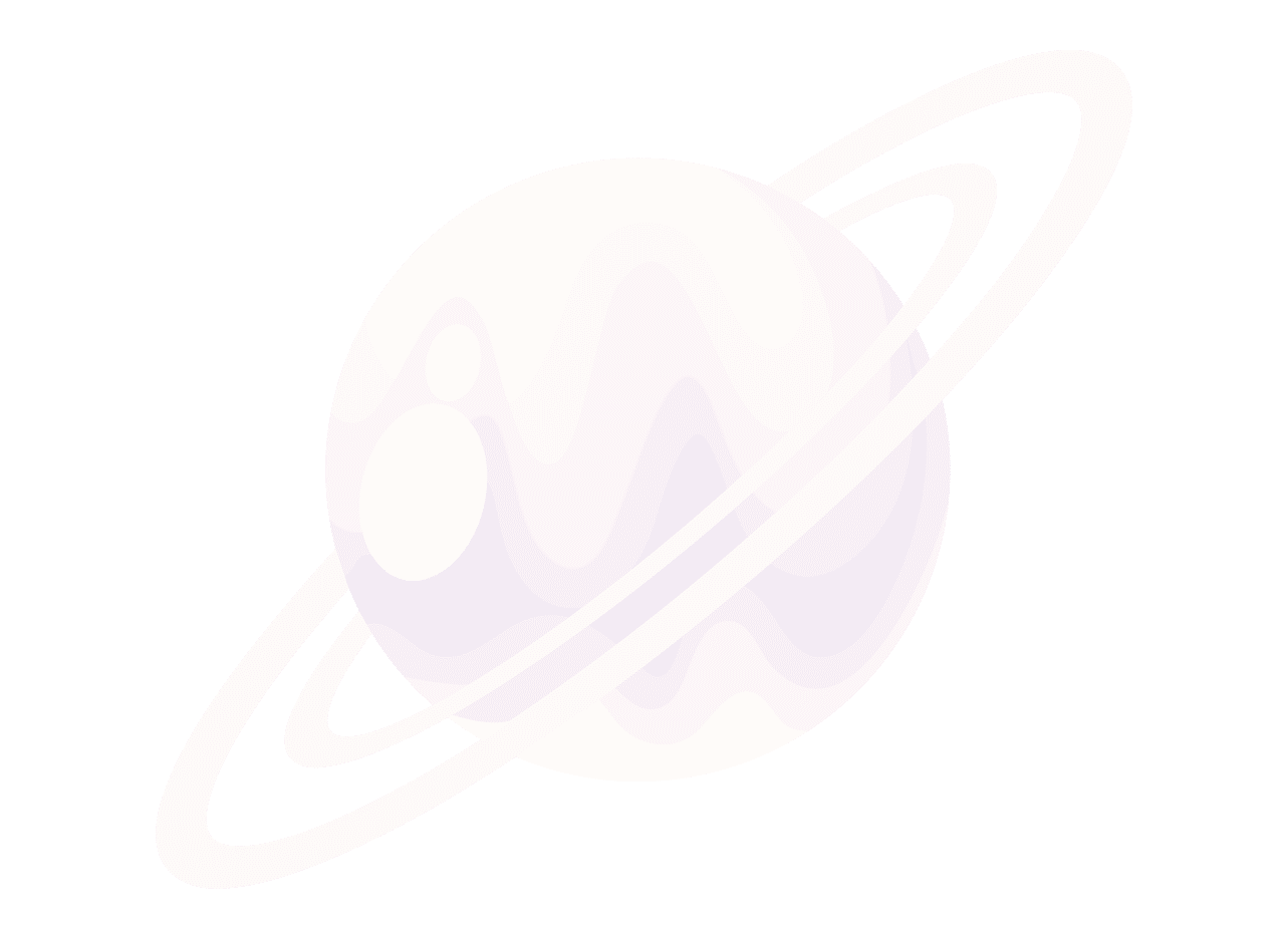 A stylized pink and purple planet with rings and abstract patterns.