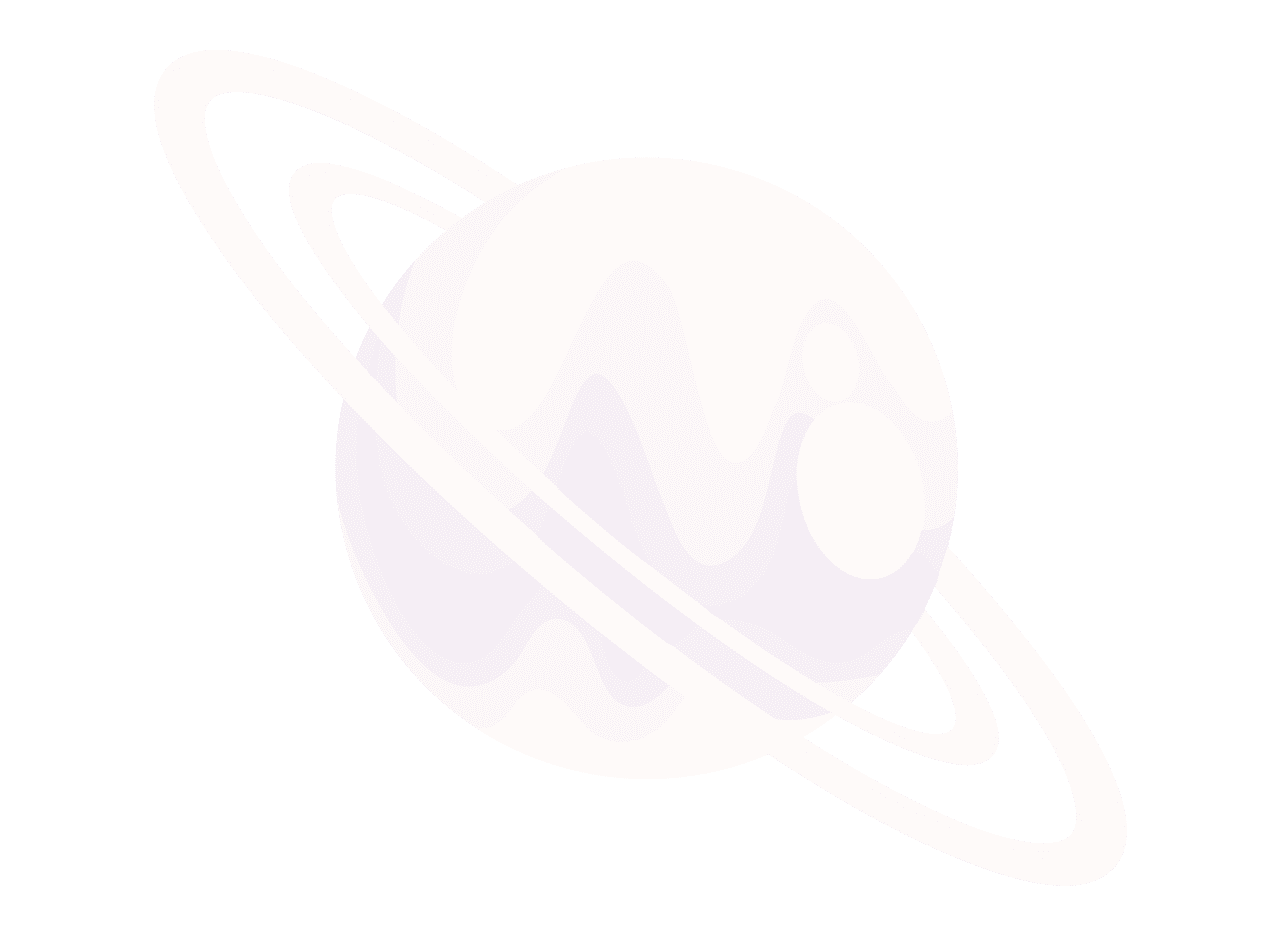 Stylized pink and purple planet with rings on a peach background.