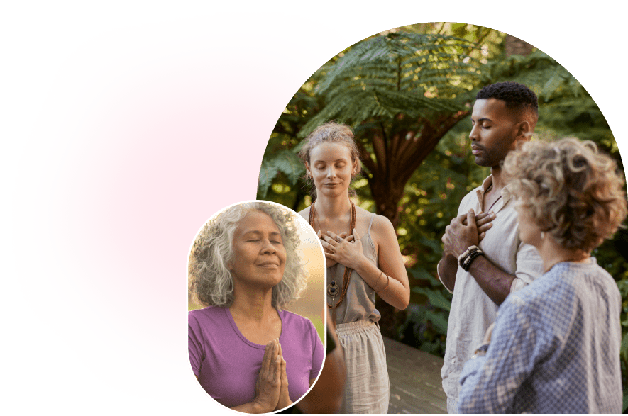Three people meditating outdoors in a peaceful, natural setting.