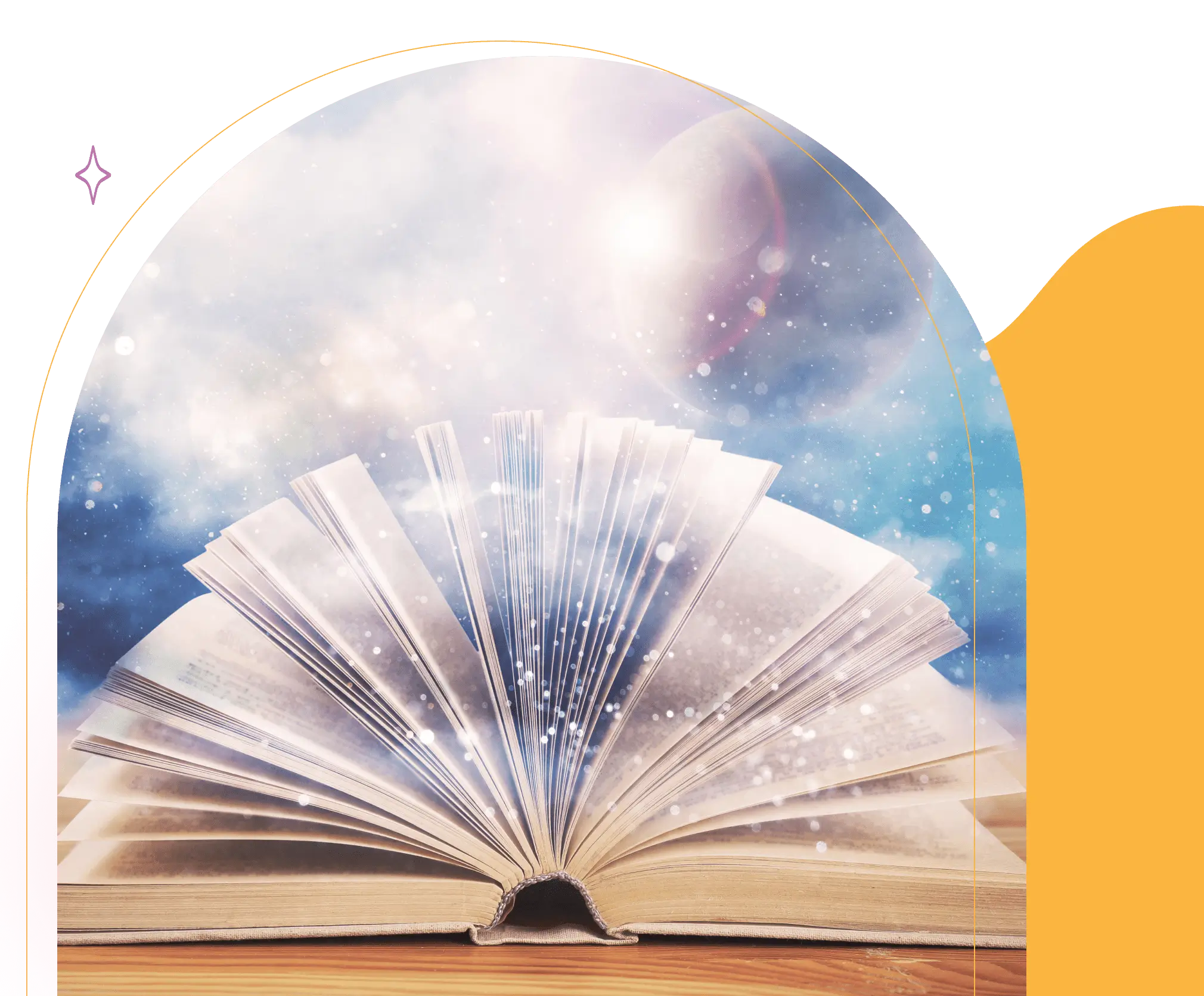An open book with magical light and stars emerging from its pages.